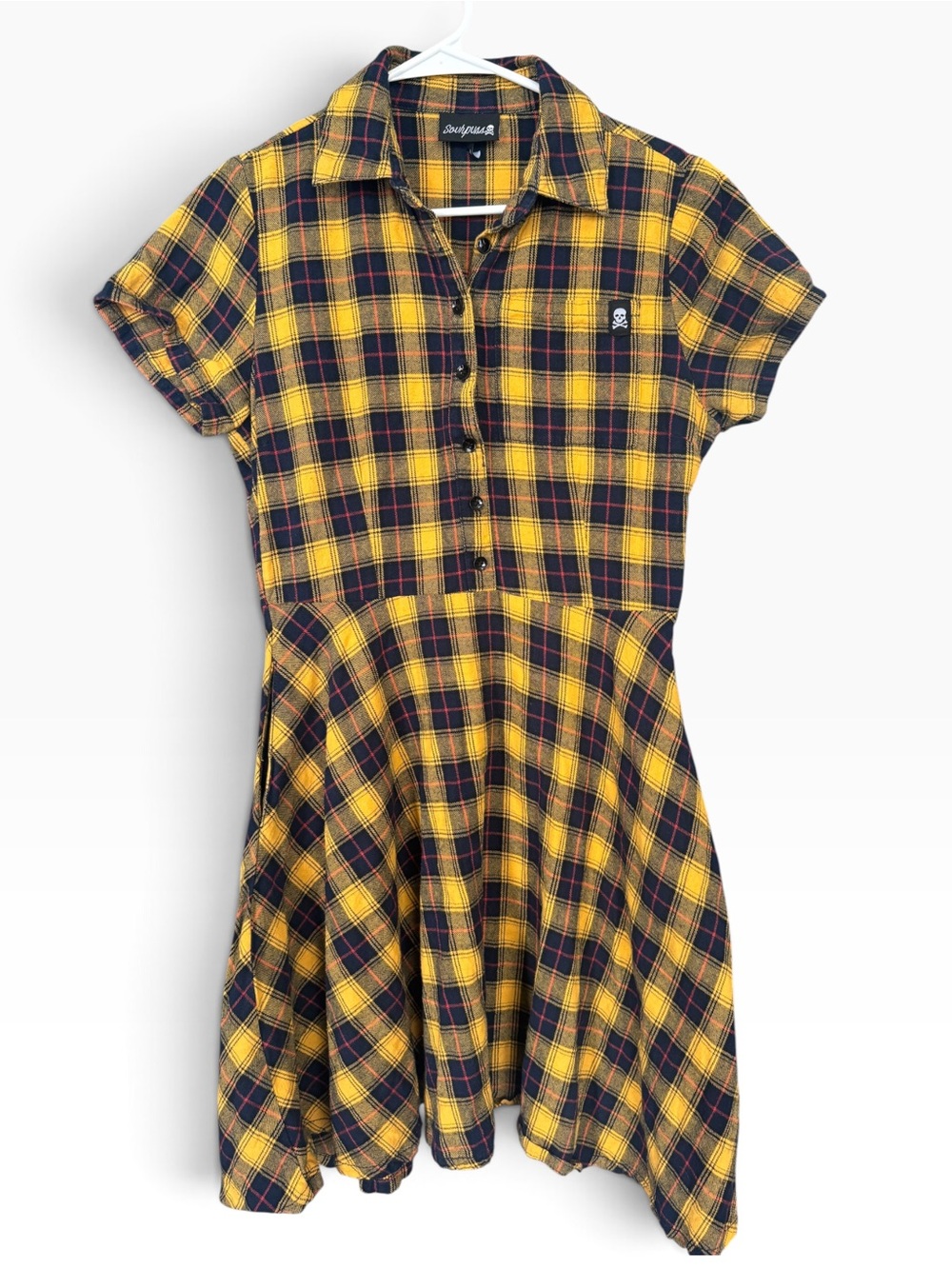 Sourpuss Yellow and Navy Plaid Short Sleeve Dress Medium
